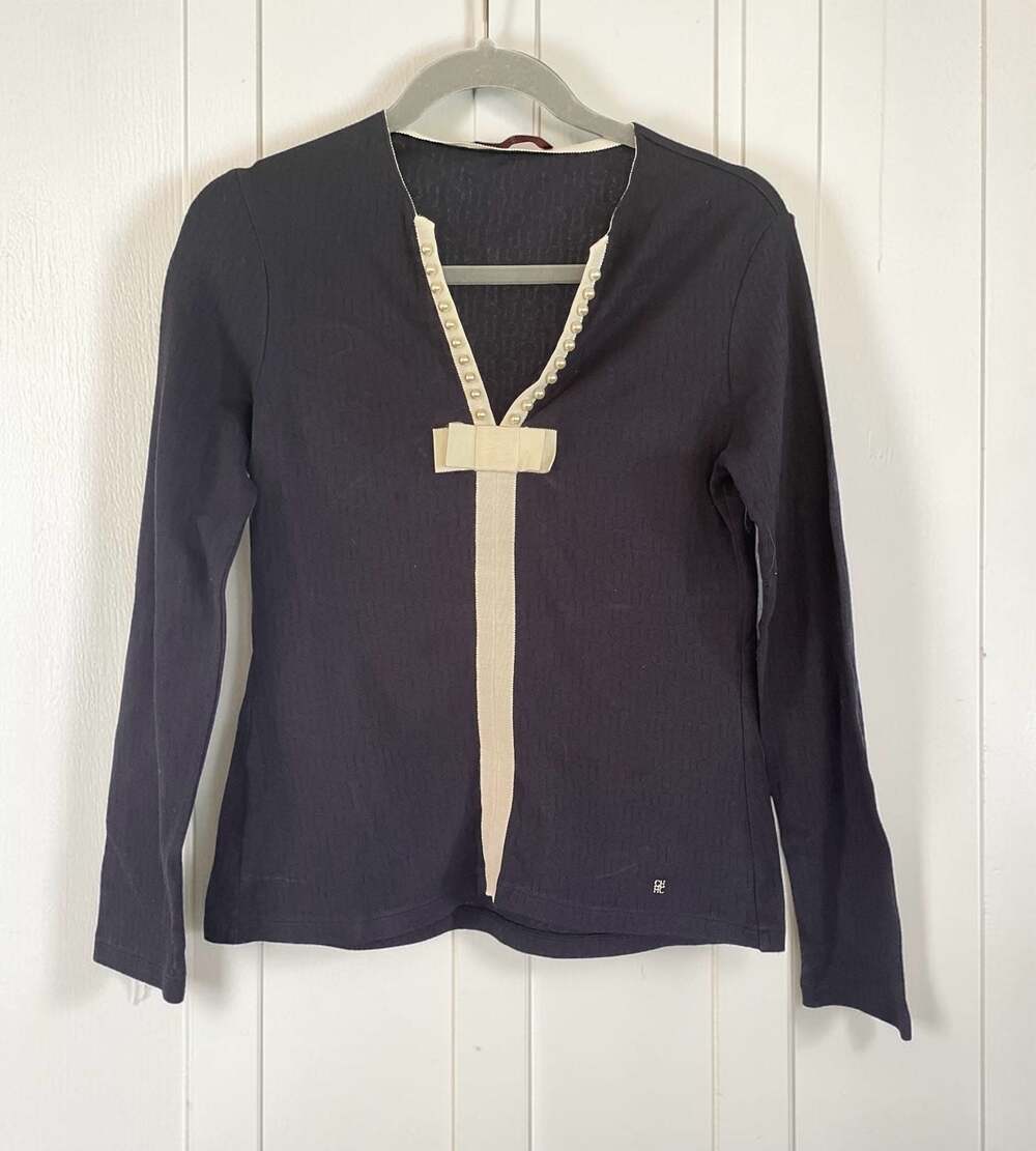 CH Carolina Herrera Navy Blue Knit Long Sleeve Top with Bow and Pearl Detail